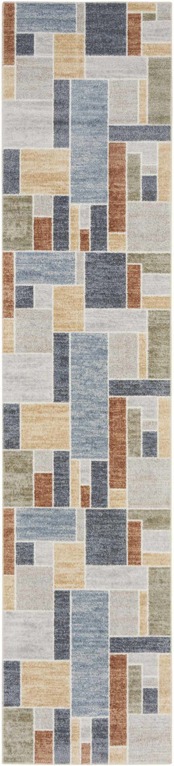 Close-up of the Nourison Astra Multicolor Rug featuring a contemporary geometric block pattern in blue, gold, brown, and gray.