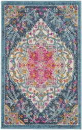 Close-up of Nourison Passion Multicolor Farmhouse Area Rug with floral pattern, pink, blue, and gold tones.