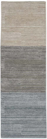 Close-up of Calvin Klein Abyss Sand rug. Contemporary design in light blue, sandstone, and silver gray with a subtle horizontal pattern.