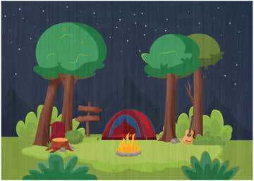 Kids room scene with the Nourison Imagination Navy Multicolor rug featuring a campsite with tent, trees, and campfire.