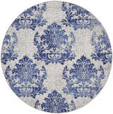 Round Nourison Whimsicle Ivory Navy rug featuring a blue damask pattern on a textured ivory background. Farmhouse style.