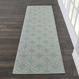 Hallway scene with Nourison Jubilant Green runner rug. Coastal style rug has a geometric pattern in green and beige.