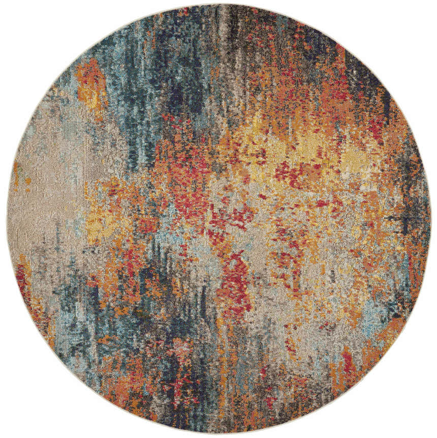 Round Nourison Celestial Multicolor rug featuring a modern abstract design in shades of blue, red, orange, and beige.