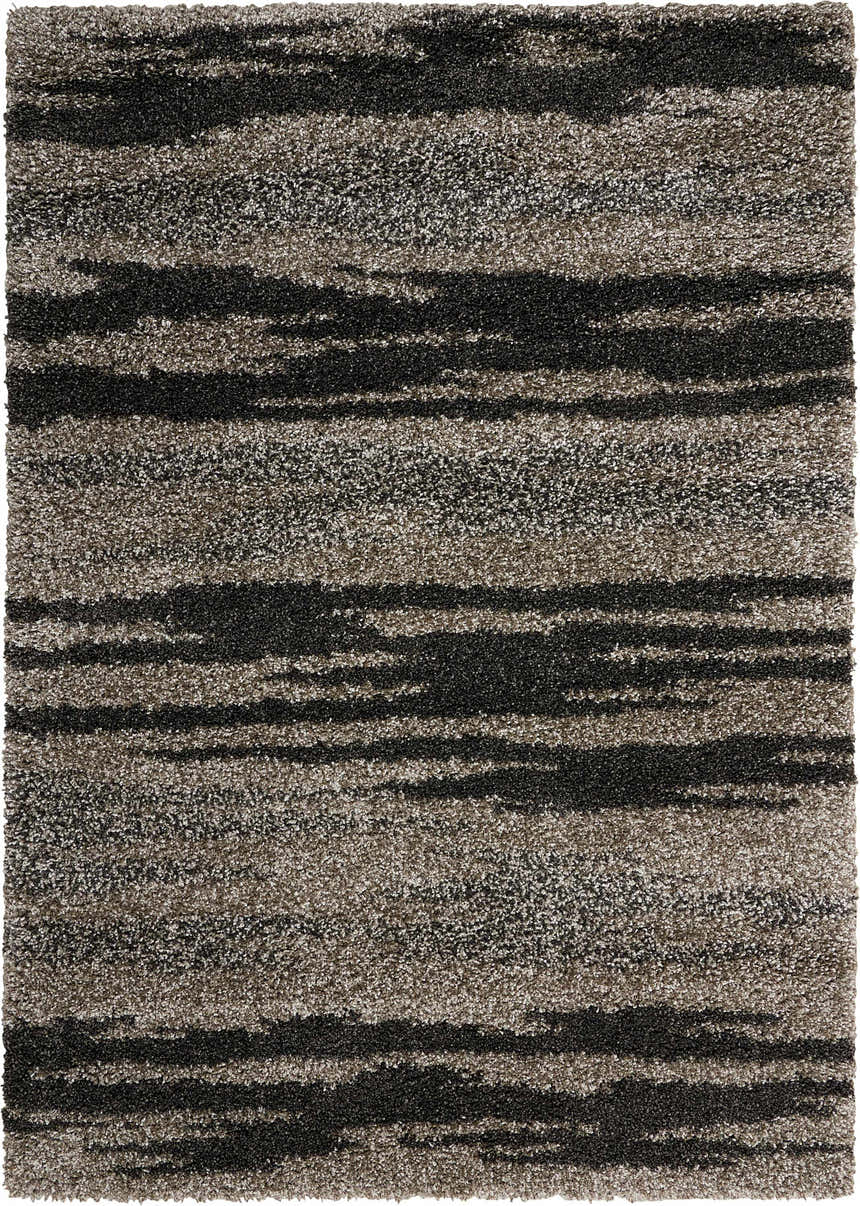 Close-up of the Nourison Amore Marble Shag rug showing its soft texture and horizontal marble pattern in gray and black tones.