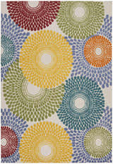 Close-up of the Nourison Aloha Multicolor Area Rug. Modern design with red, yellow, green, blue, and orange floral bursts.