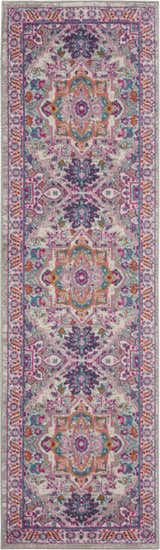 Close-up of Nourison Passion Light Grey Pink Bohemian Indoor Area Rug with floral and geometric designs.