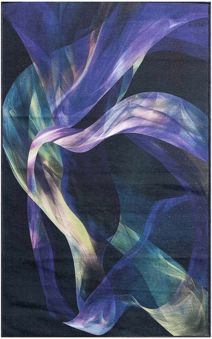 Close-up of the Nourison Blue Multicolor Modern Washable Area Rug with an abstract ribbon design in shades of blue, purple, and green.