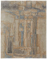 Close-up of Feizy Jaxson Tan/Brown/Gray Area Rug. Modern abstract distressed geometric patchwork design. Design-Rectangle
