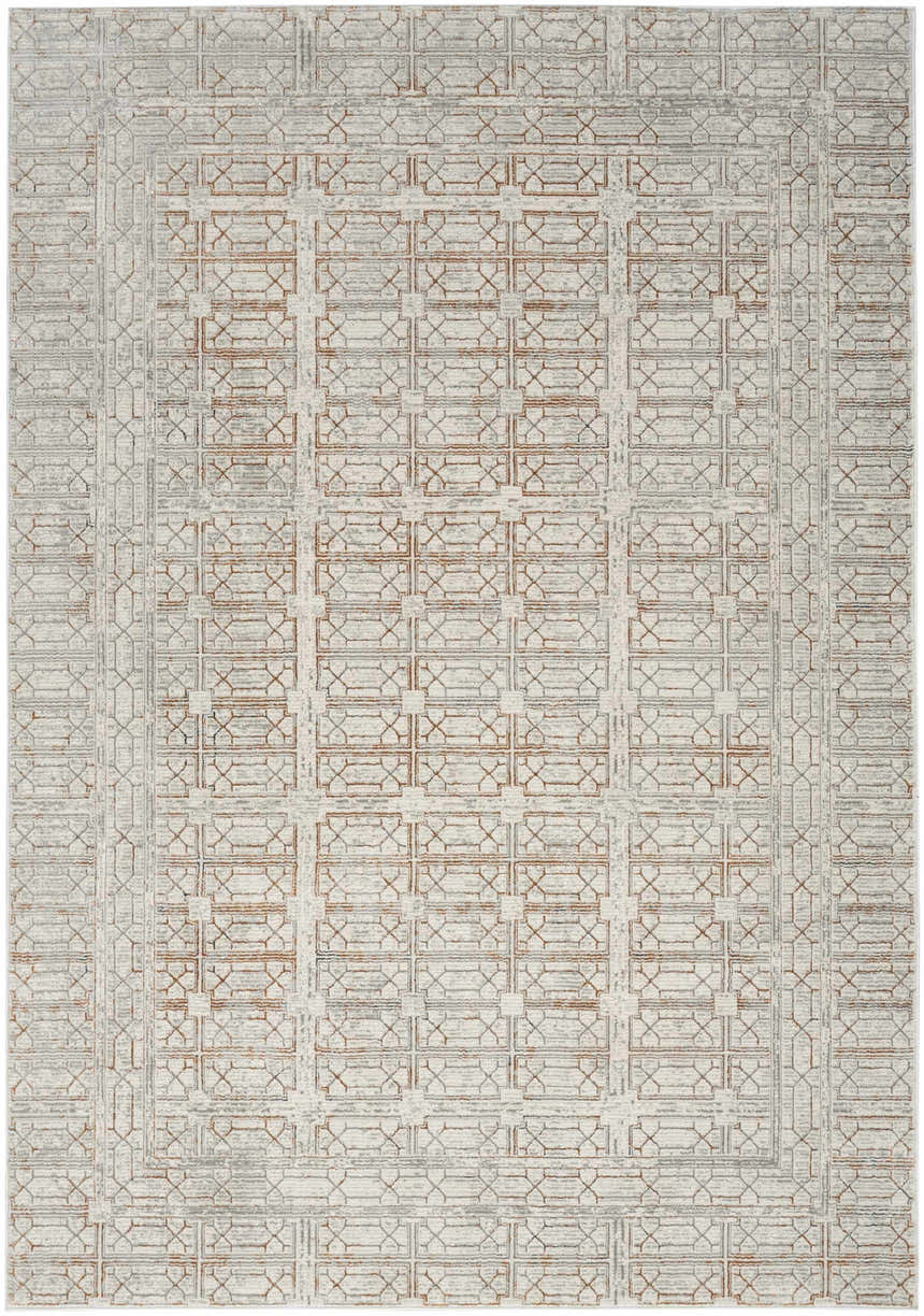 Close-up of the Nourison Desire Ivory Beige rug, showcasing its geometric, chestnut, and ivory pattern.