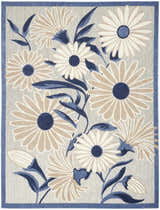 Close-up of the Nourison Aloha Blue Grey Outdoor Area Rug, featuring a daisy floral pattern with blue leaves on a gray background.
