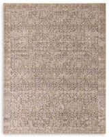 Close-up of the Four Hands Priya Area Rug, a machine-woven rug in camel, light beige, and tan farmhouse style. Design-Rectangle