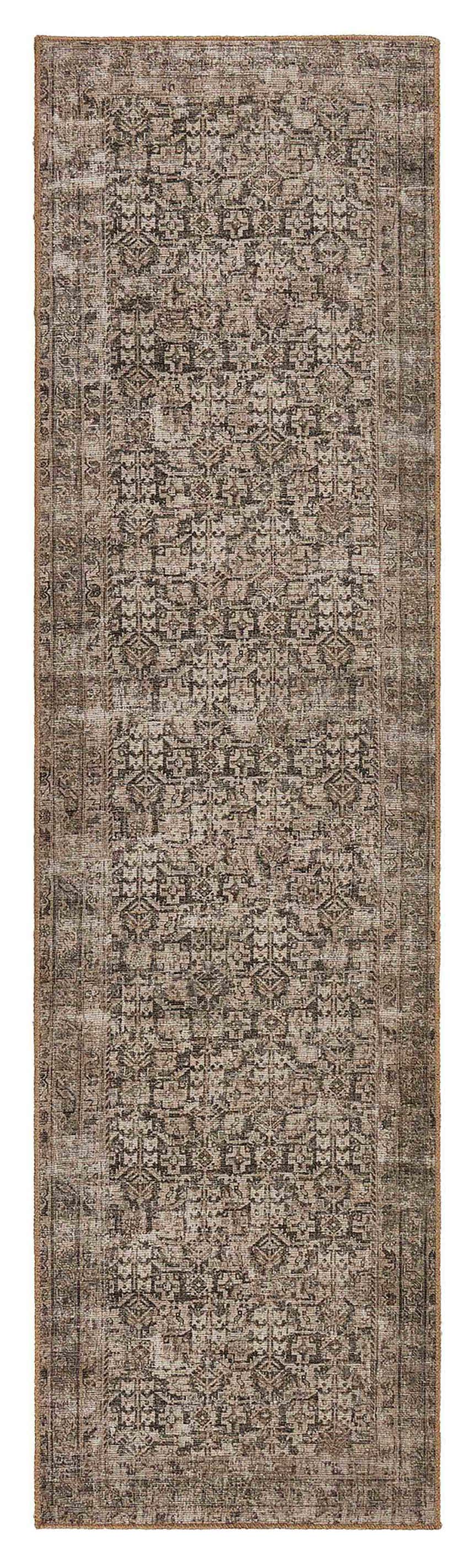 Close-up of the Four Hands Priya Area Rug. Camel, light beige, and tan farmhouse style with a traditional pattern. Design-Runner
