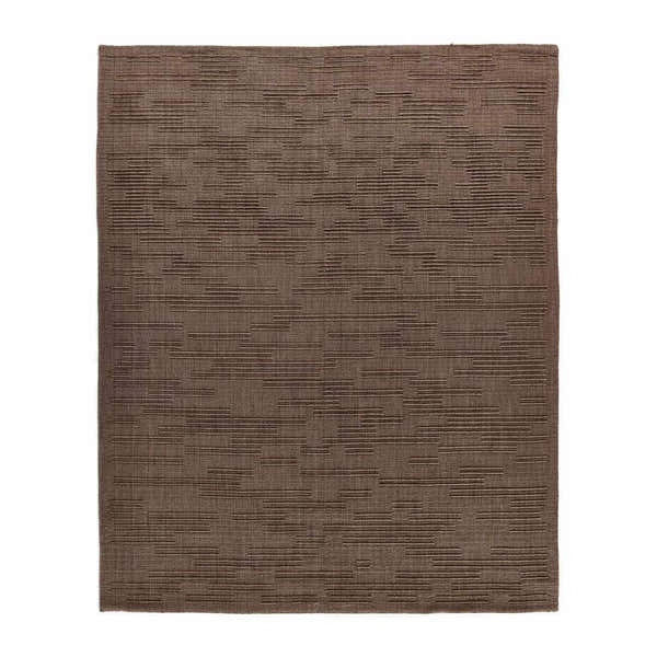 Close-up of the Four Hands Geist Rug - Akara Taupe. Taupe wool rug with subtle, textured stripes. Hand-loomed construction. Design-Rectangle