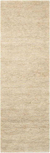 Close-up of the Calvin Klein Mesa Gypsum Rug. Handmade rug with a subtle horizontal textured pattern in neutral gypsum tones.