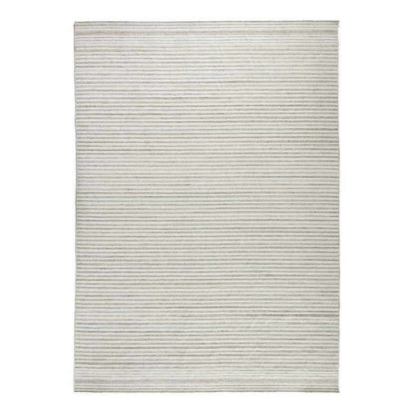 Close-up of Four Hands Selena Outdoor Rug, a cream and tan striped, hand-woven rectangular rug. Design-Rectangle