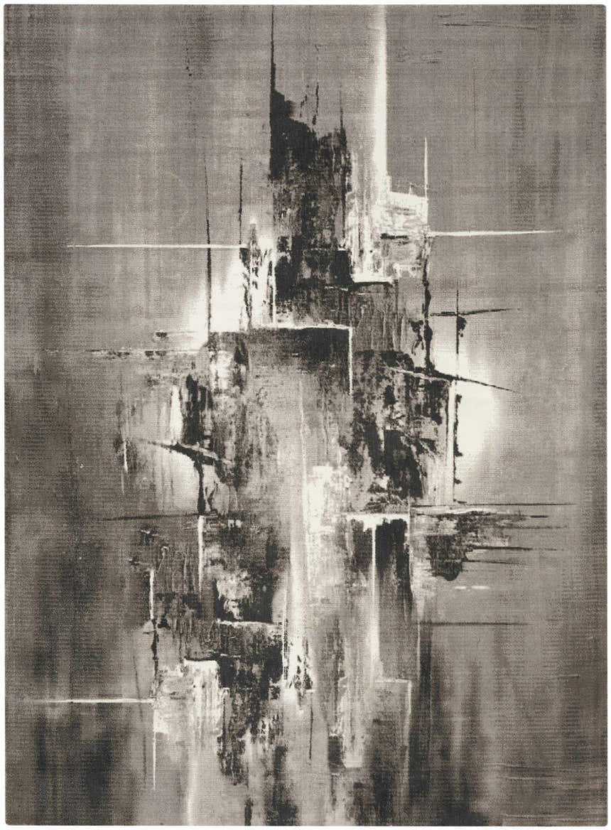 Close-up of the Nourison Twilight Grey Ivory Black rug, showcasing its abstract, modern design and chestnut color tones.