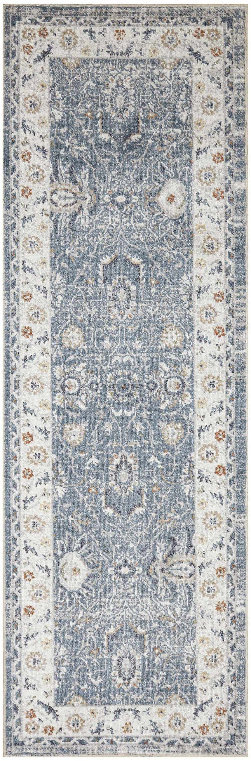 Close-up of the Nourison Astra Machine Blue Vintage Area Rug. Features a distressed, ornate pattern and light blue color.