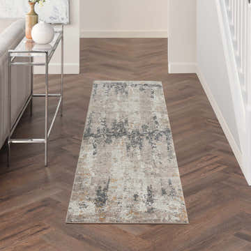 Hallway with Nourison Tangra Cream Grey rug runner, wood floors, console table, and neutral decor.