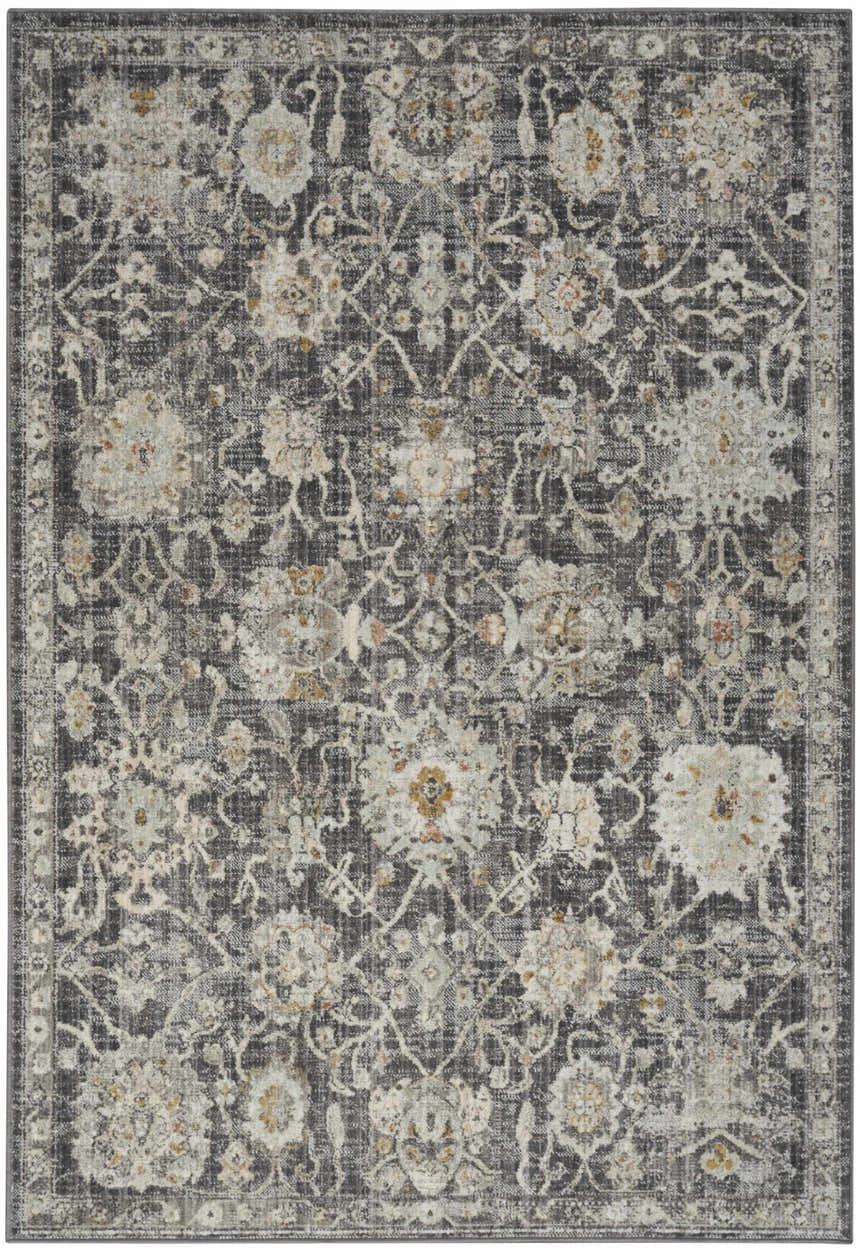 Charcoal Nourison Oushak Home rug with a taupe floral vintage pattern and distressed texture.