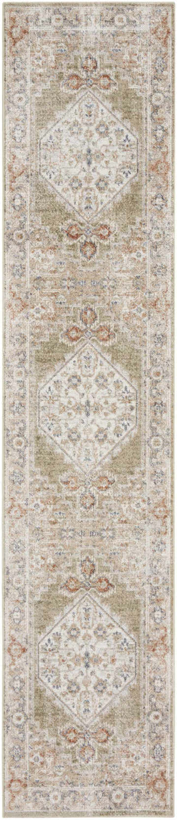 Close-up of Nourison Astra Sage Multicolor rug. Vintage style with sage, beige, and rust floral and geometric pattern.