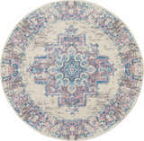 Close-up of a round Nourison Grafix Ivory Pink Vintage Area Rug with a chestnut, blue, and pink distressed medallion pattern.
