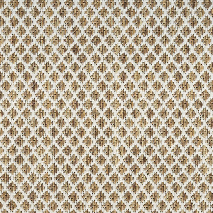 Close-up of the Nourison Courtyard Jute Ivory rug. Features a woven texture with a chestnut and ivory geometric pattern.