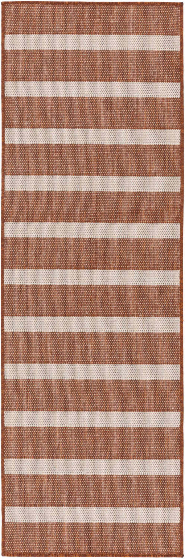 Close-up of the Nourison Positano Terracotta Ivory Rug, featuring a chestnut brown and ivory striped pattern and textured weave.