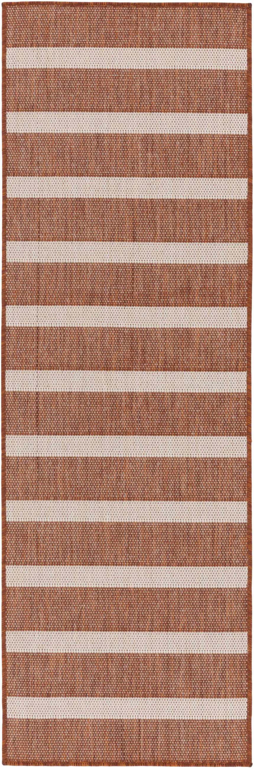Close-up of the Nourison Positano Terracotta Ivory Rug, featuring a chestnut brown and ivory striped pattern and textured weave.