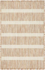 Close-up of the Nourison Positano Beige Ivory rug, showing chestnut brown stripes on ivory, and textured weave.