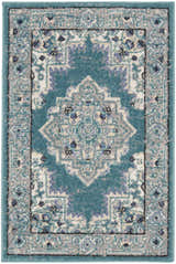 Close-up of Nourison Passion Turquoise Grey Bohemian rug with floral pattern and border. Rectangle runner.