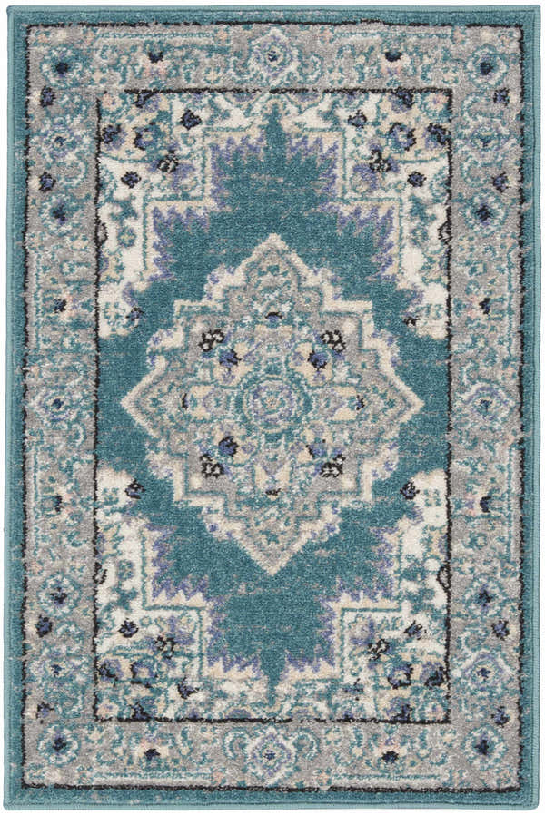 Close-up of Nourison Passion Turquoise Grey Bohemian rug with floral pattern and border. Rectangle runner.