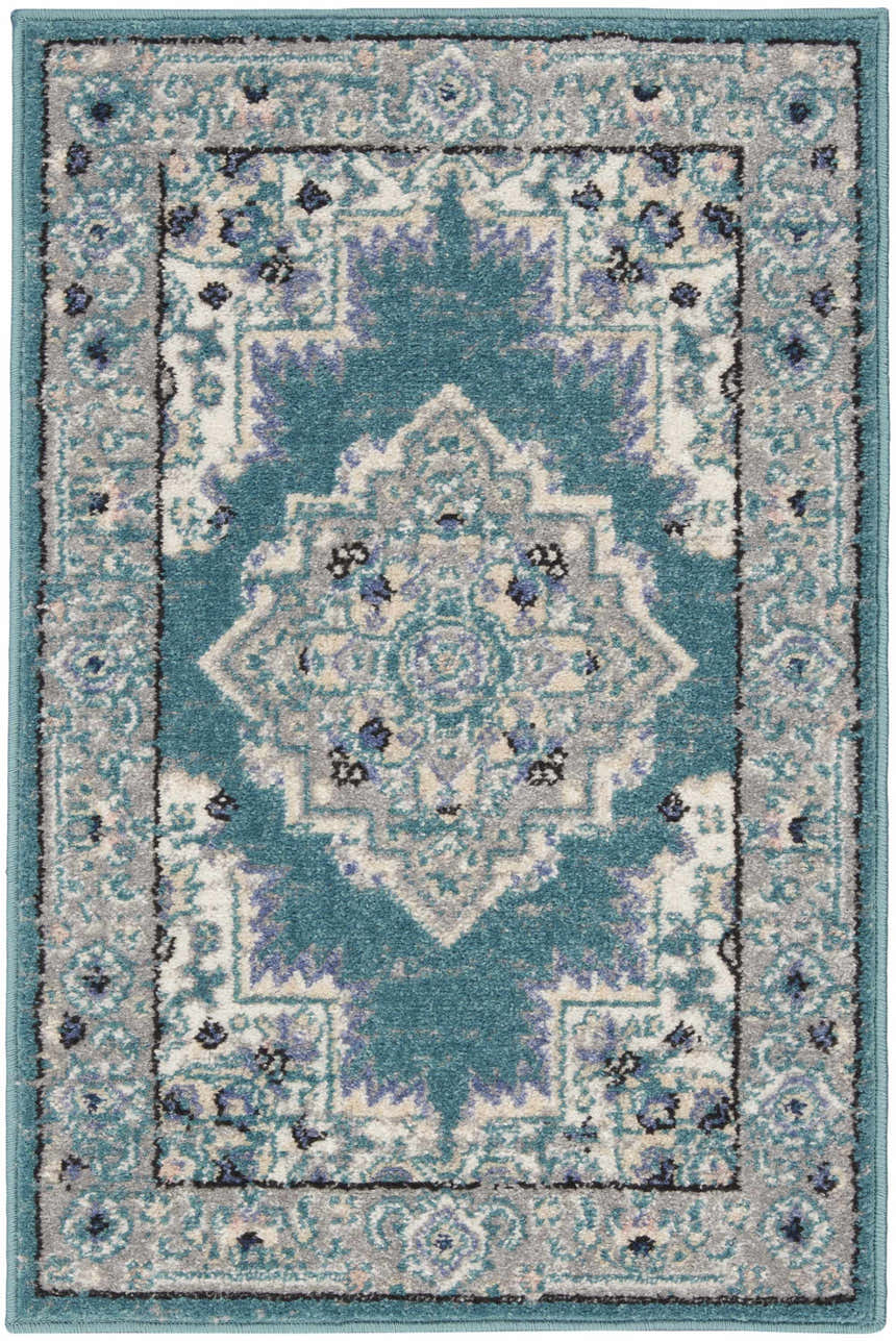 Close-up of Nourison Passion Turquoise Grey Bohemian rug with floral pattern and border. Rectangle runner.