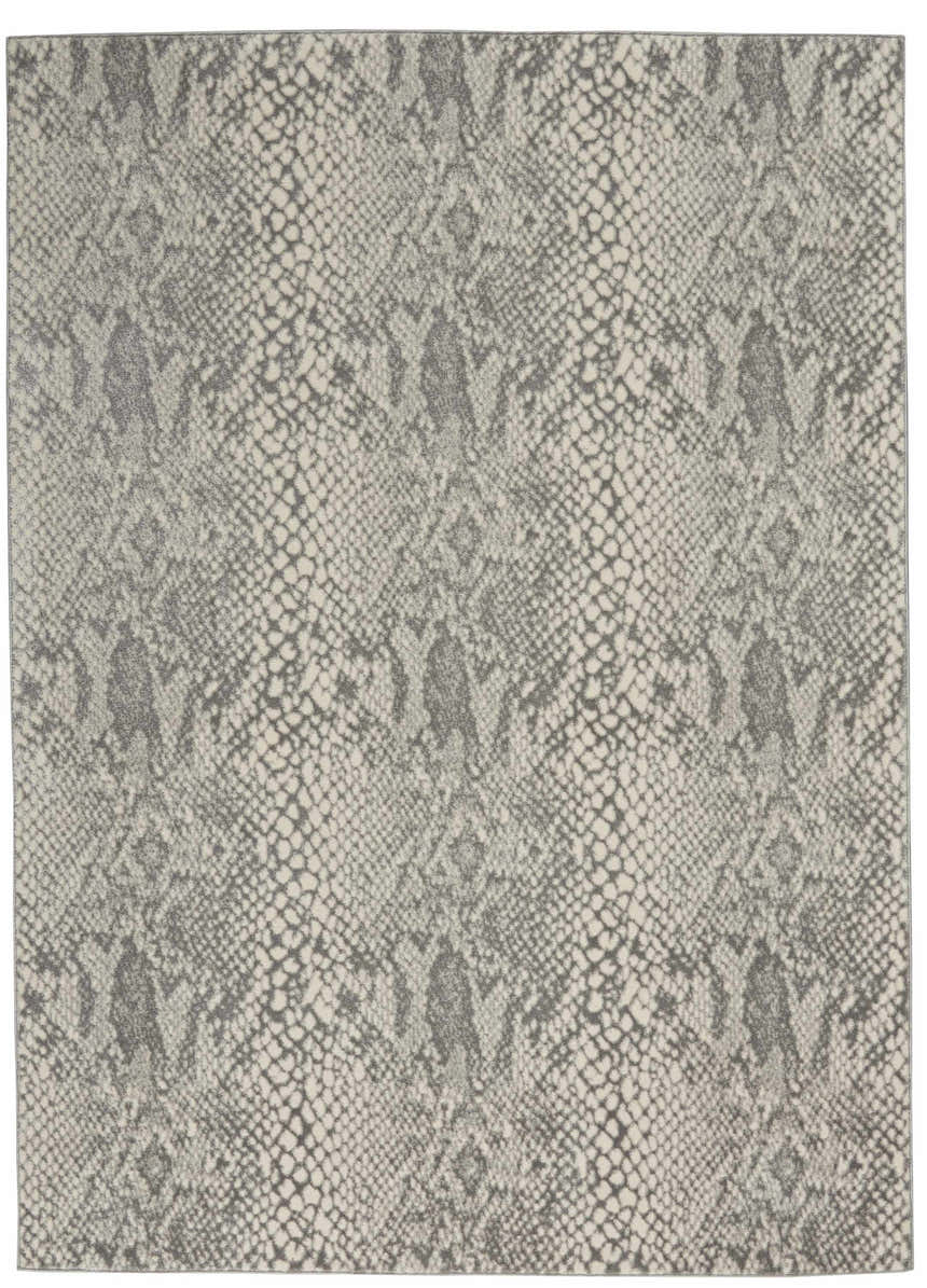 Close-up of the Nourison Solace Ivory/Grey rug, showcasing its modern, high-pile texture and reptile-inspired pattern.