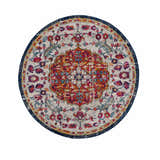 Round Tigril Blue & Orange 2304 Area Rug. Ivory rug with navy border and red, orange and blue floral medallion pattern. Design-Round