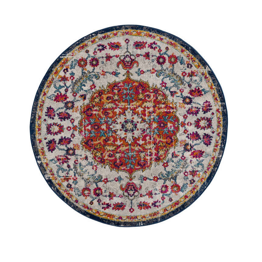 Round Tigril Blue & Orange 2304 Area Rug. Ivory rug with navy border and red, orange and blue floral medallion pattern. Design-Round