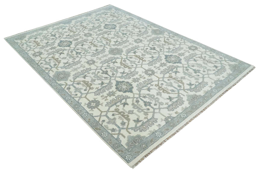 Custom Made Hand Knotted Ivory and Silver Oriental Oushak Multi Size Traditional Wool Area Rug, Living Room and Bedroom Rug