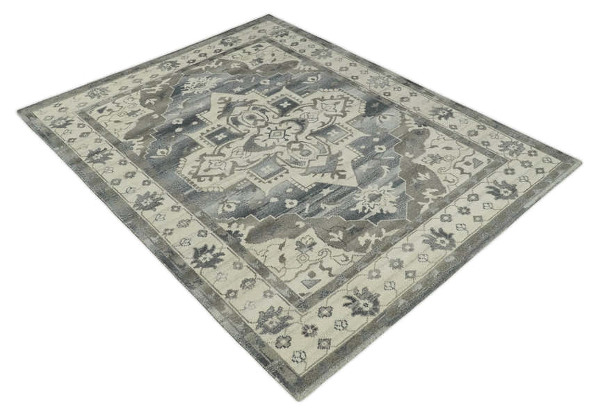 Custom Made Hand Knotted Ivory, Charcoal and Gray Traditional Medallion Natural Wool Area Rug, Kids, Living Room and Bedroom Rug