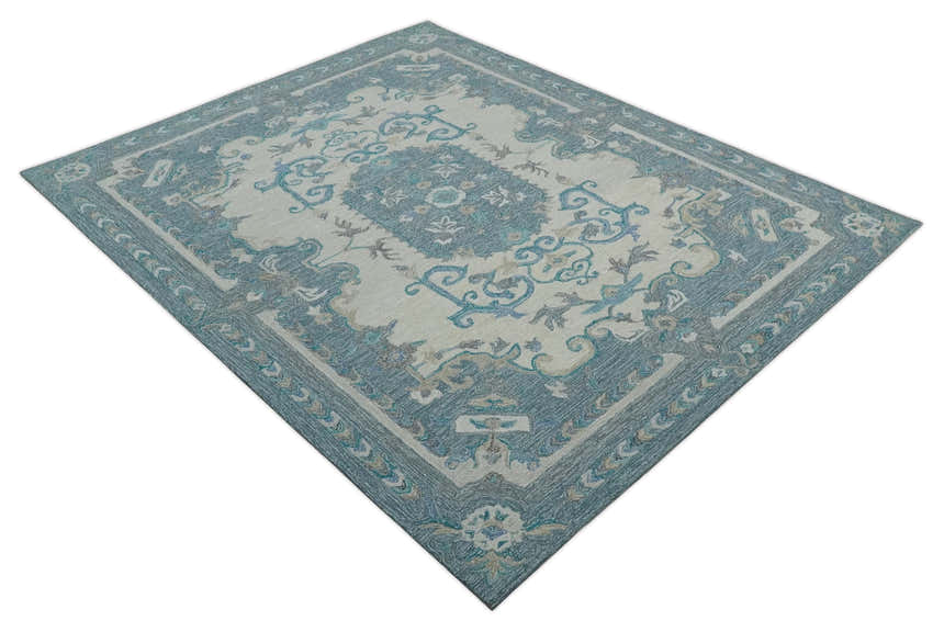 French Design Aubusson Custom Made Ivory and Blue Hand Tufted Wool Area Rug
