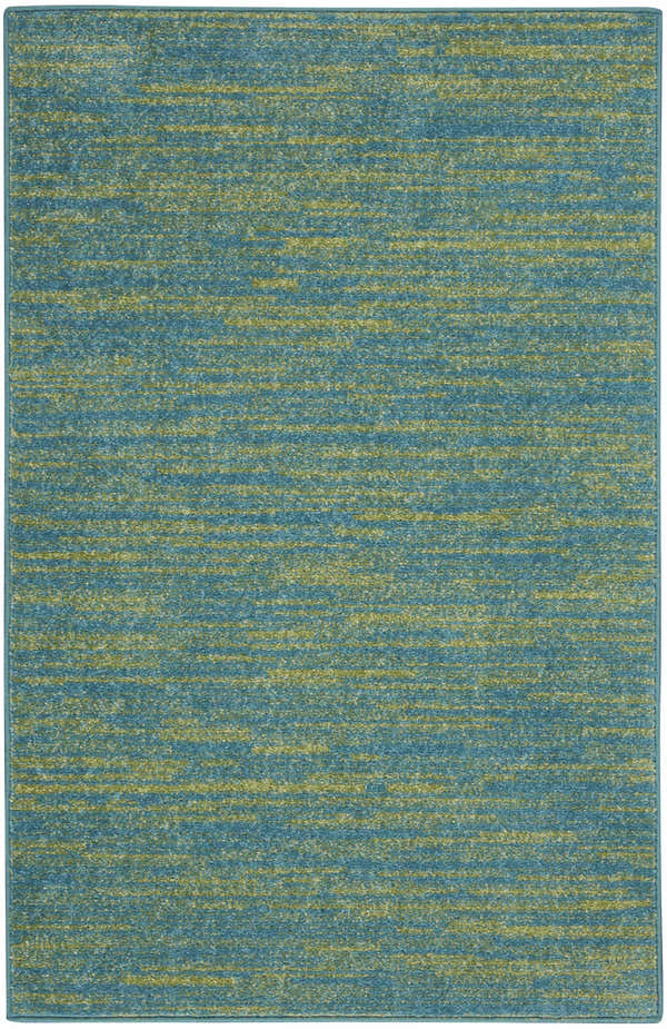 Close-up of the Nourison Essentials Blue Green Outdoor Area Rug, featuring a subtle horizontal stripe pattern.