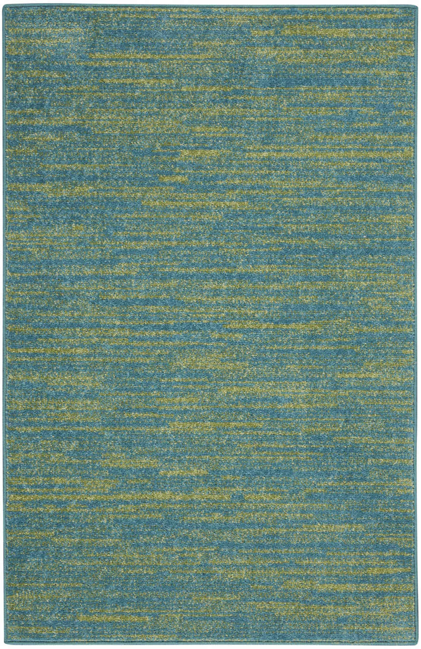 Close-up of the Nourison Essentials Blue Green Outdoor Area Rug, featuring a subtle horizontal stripe pattern.