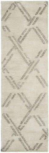 Close-up of Nourison Venosa Ivory/Grey rug. Mid-century modern design with a geometric pattern and jute/rayon texture.