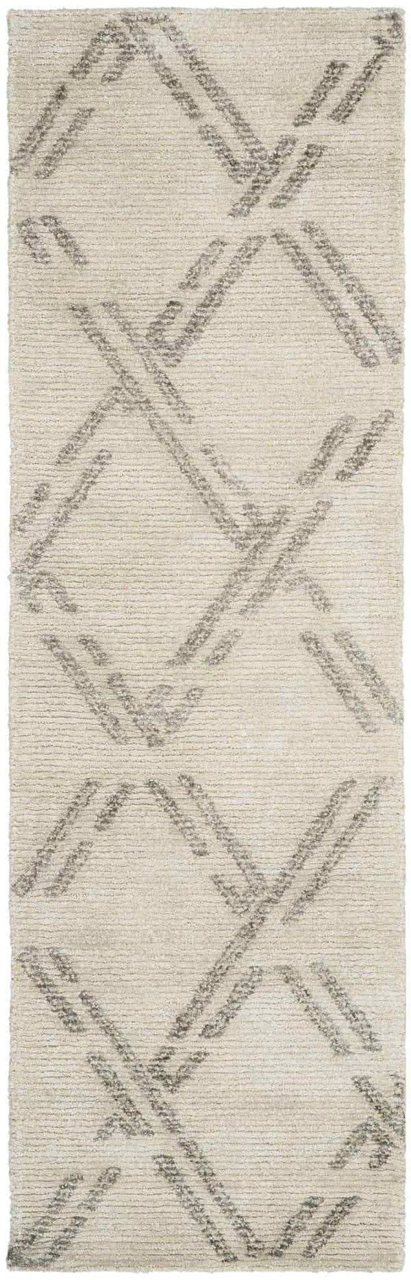 Close-up of Nourison Venosa Ivory/Grey rug. Mid-century modern design with a geometric pattern and jute/rayon texture.