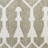 Close-up of the Nourison Astra Sage Bohemian Rug. Muted sage and white geometric pattern. Machine-made texture.