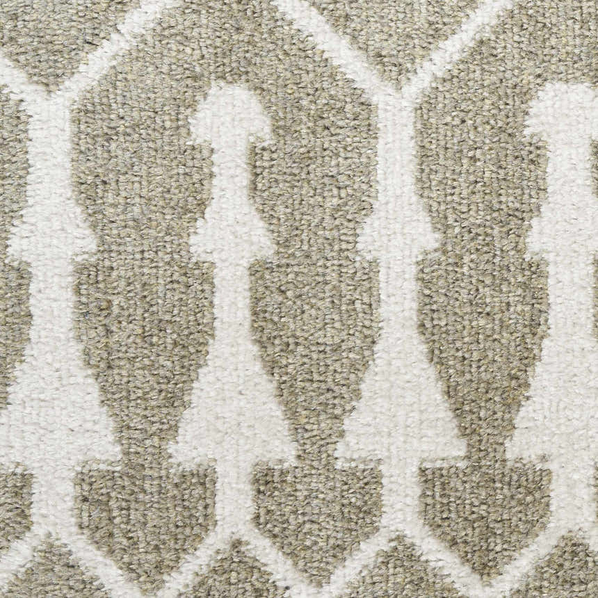 Close-up of the Nourison Astra Sage Bohemian Rug. Muted sage and white geometric pattern. Machine-made texture.