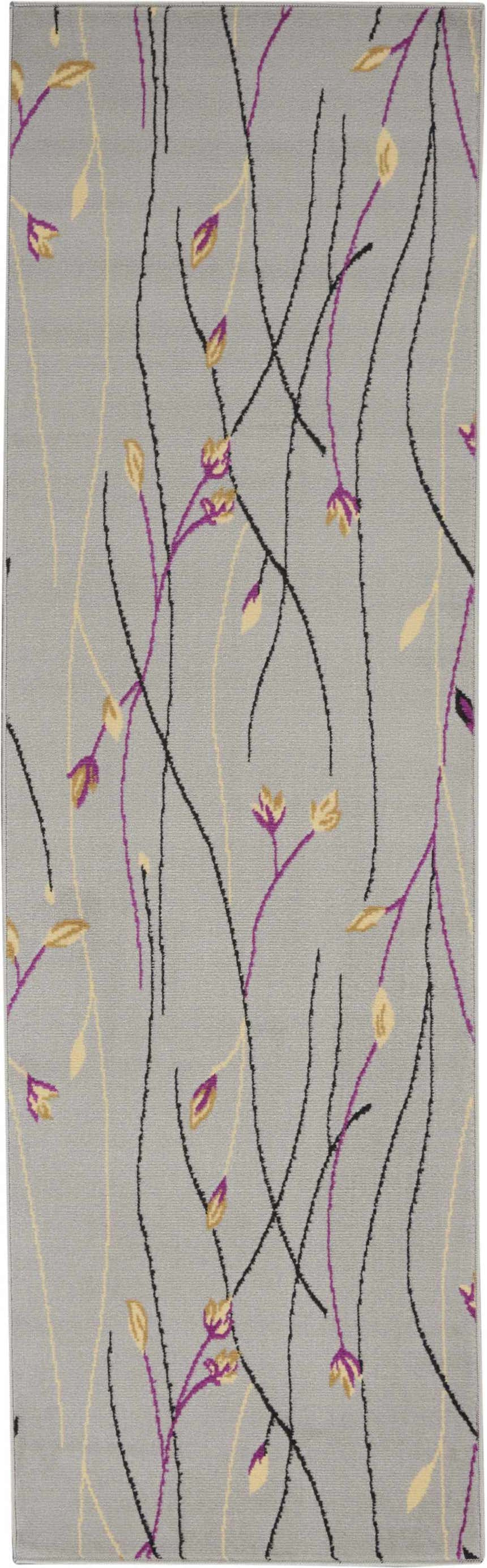 Close-up of Nourison Grafix Grey Contemporary Indoor Area Rug with black, purple, and gold floral vine pattern.