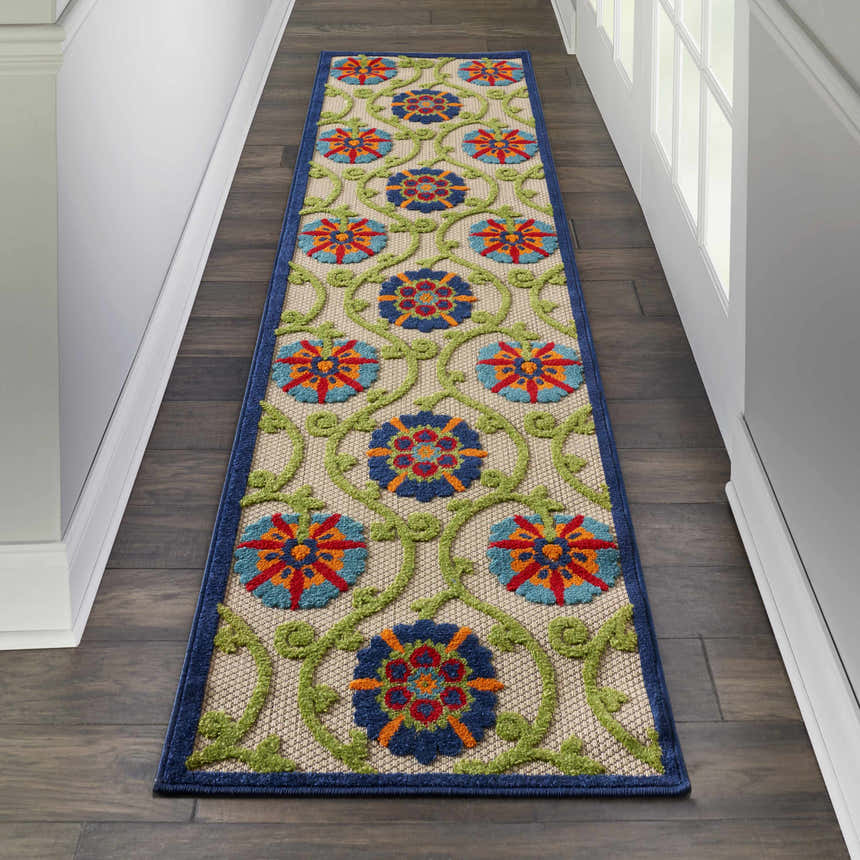 Hallway with Nourison Aloha Blue Multicolor Contemporary Area Rug runner on dark wood floor. Floral pattern in blue, red, orange, green.