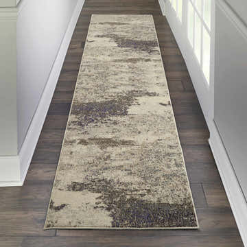 Hallway with Nourison Celestial Ivory Grey rug runner on dark wood floor.