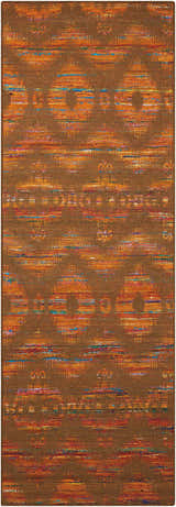 Close-up of Nourison Spectrum Flame Chocolate rug. Brown rug with orange, blue, and red abstract pattern.