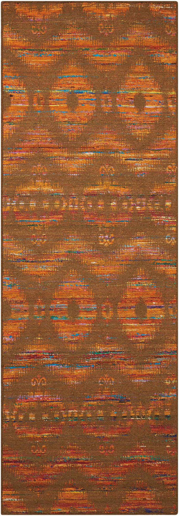 Close-up of Nourison Spectrum Flame Chocolate rug. Brown rug with orange, blue, and red abstract pattern.