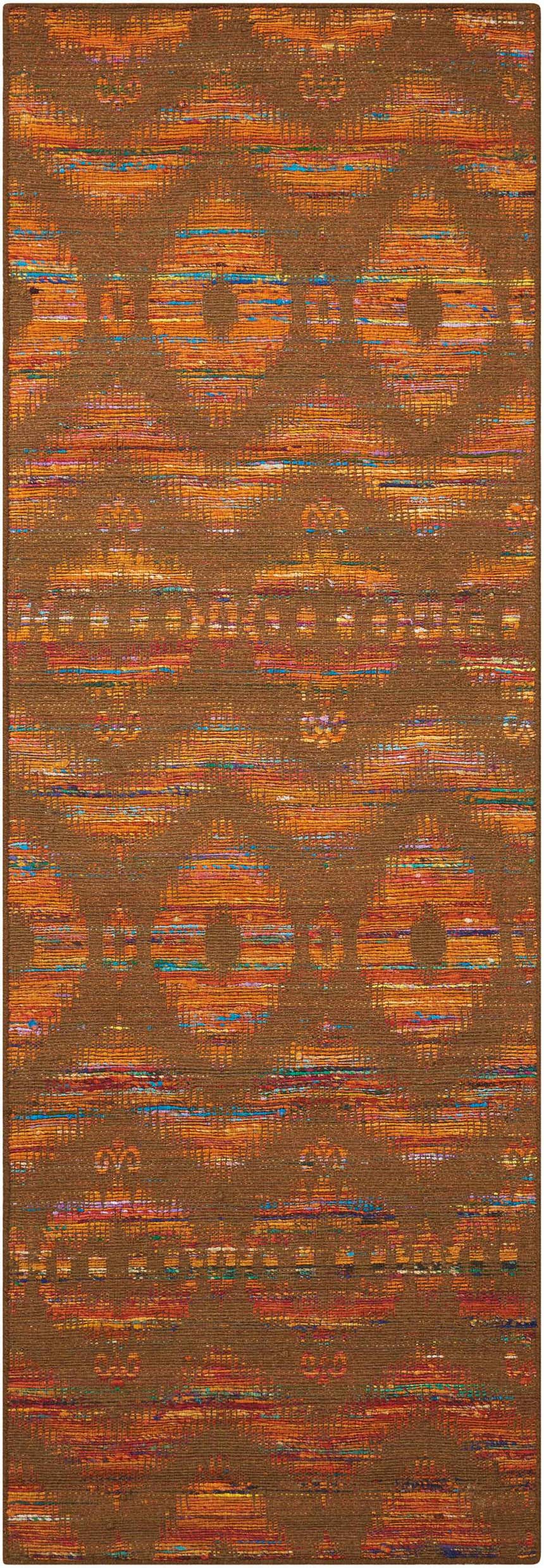Close-up of Nourison Spectrum Flame Chocolate rug. Brown rug with orange, blue, and red abstract pattern.